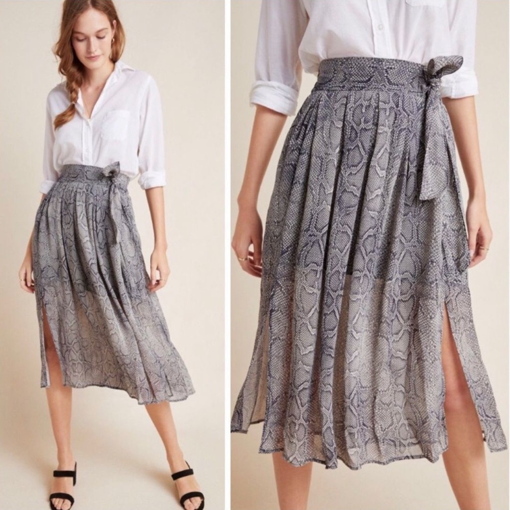 Maeve Anthropologie Annette Snake Pleated Pockets Tie Slit Midi Skirt